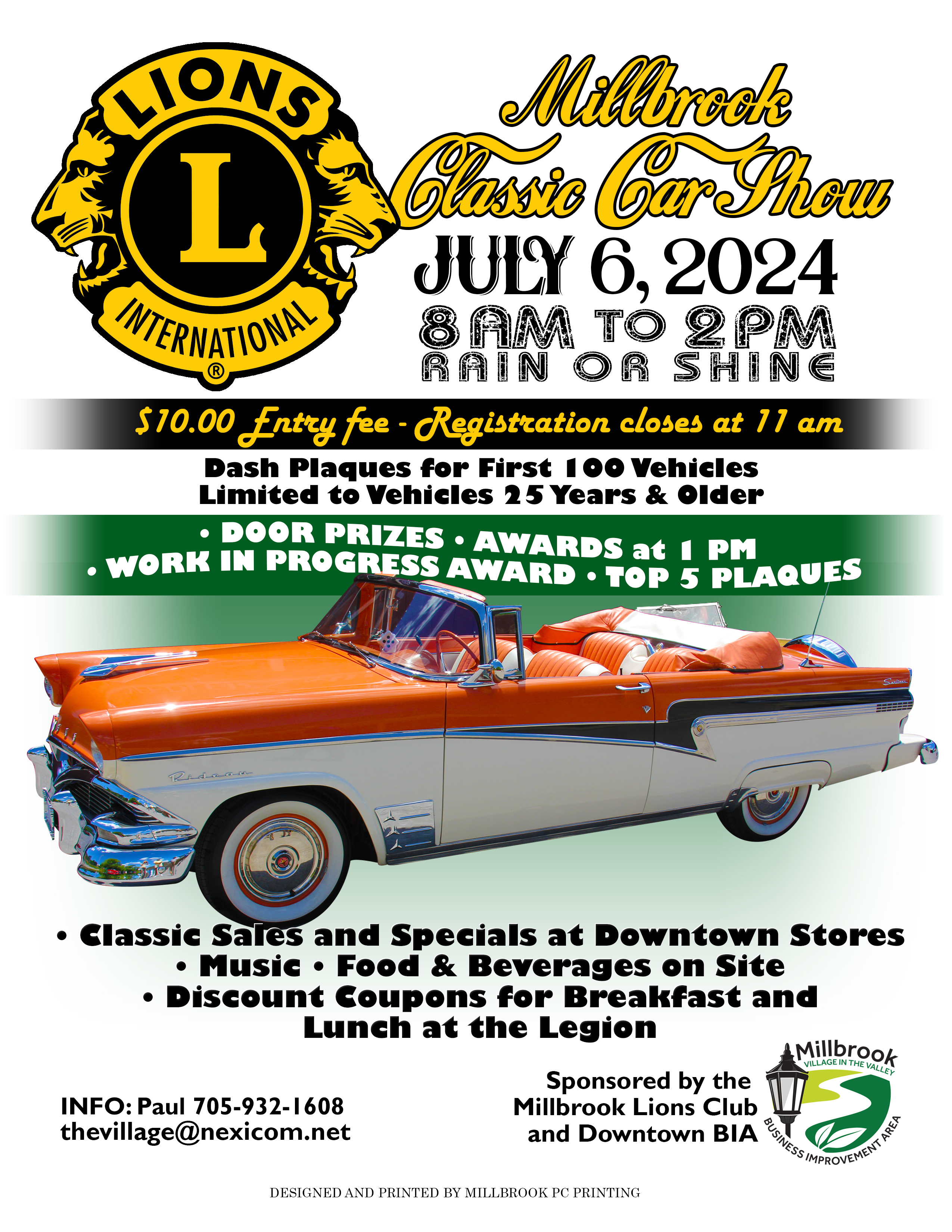 Car Show Poster; $10 entry fee; dash plaques for first 100 vehicles; more info contact Paul 705-932-1608